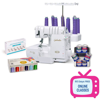 The Black Friday Baby Lock Splendor 8-Thread Serger bundle features ExtraordinAir™ Threading, a bonus accessory pack, colorful thread sets, Quilted Joy gift card, and 60 days of free online classes.