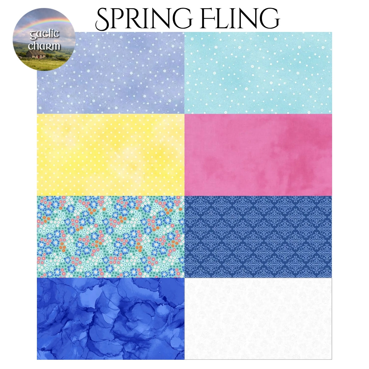 Spring Fling fabric swatches for Mystery Five-0 Gaelic Charm mystery quilt