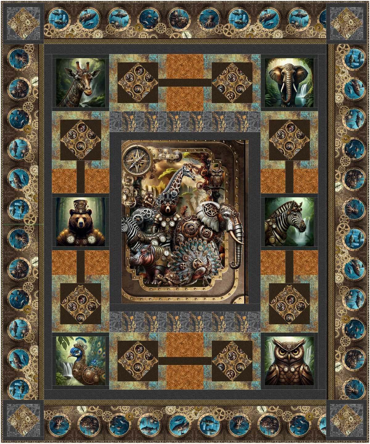 The Steampunk Menagerie Quilt Kit by Quilted Joy features a patchwork quilt with central animal illustrations and patterned borders, showcasing realistic giraffe, elephant, zebra, bear, owl, and peacock portraits in each corner.