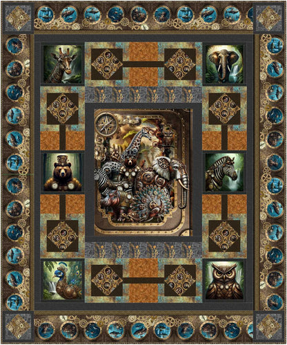The Steampunk Menagerie Quilt Kit by Quilted Joy features a patchwork quilt with central animal illustrations and patterned borders, showcasing realistic giraffe, elephant, zebra, bear, owl, and peacock portraits in each corner.