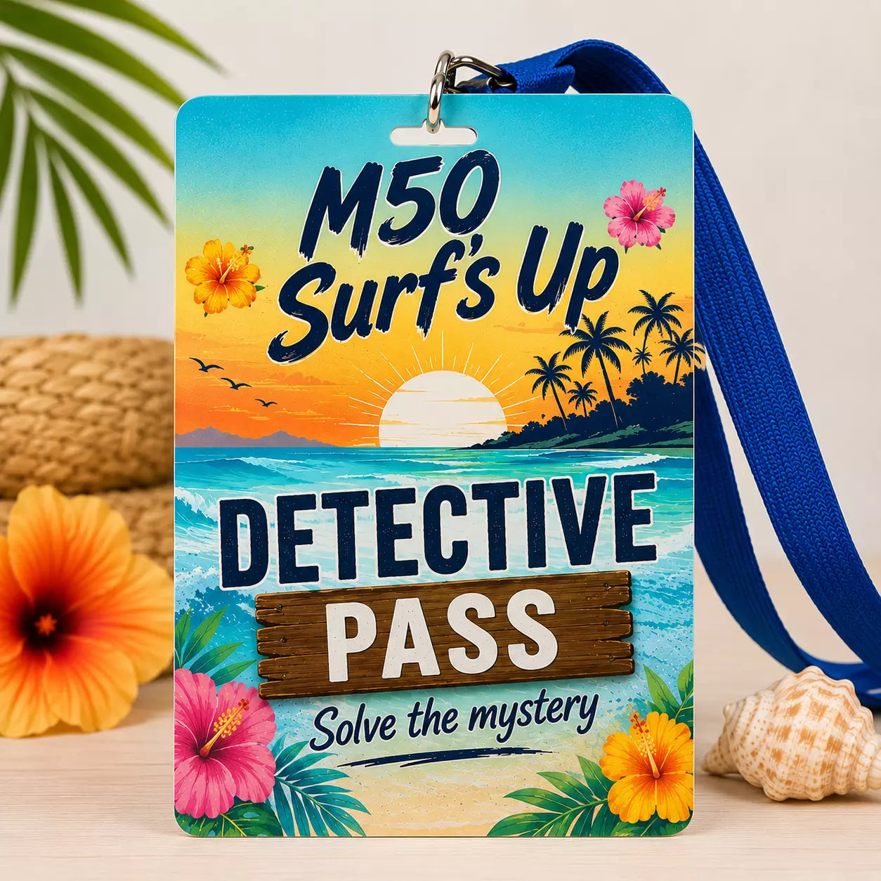 A vibrant badge with a blue lanyard shows tropical flowers, a sunset over the ocean, and palm trees. The text reads: “Mystery Five-0 Mega Mystery Surf's Up Quilt Detective Pass ($50 Store Credit) by Quilted Joy.”.
