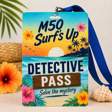 A vibrant badge with a blue lanyard shows tropical flowers, a sunset over the ocean, and palm trees. The text reads: “Mystery Five-0 Mega Mystery Surf's Up Quilt Detective Pass ($50 Store Credit) by Quilted Joy.”.