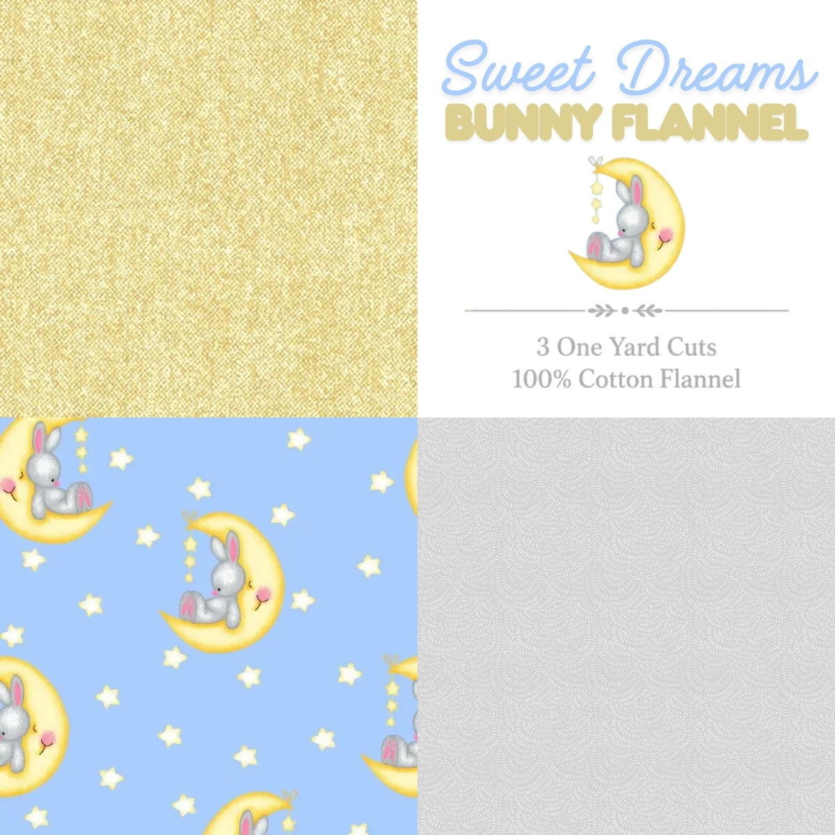 Sweet Dreams Bunny Flannel 3-yard bundle yellow blue gray baby cotton flannel fabrics