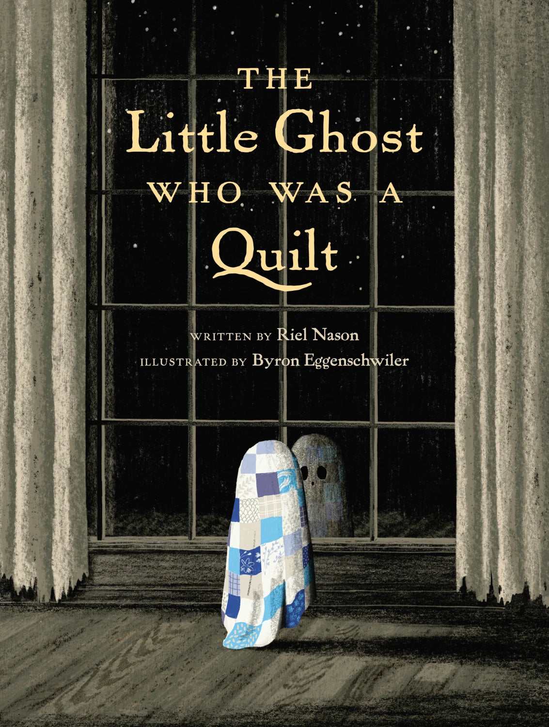 A small ghost made of a blue and white patchwork quilt stands before a large window with dark curtains, gazing outside. The image features the children’s book title "The Little Ghost Who Was A Quilt" by Checker Distributor.