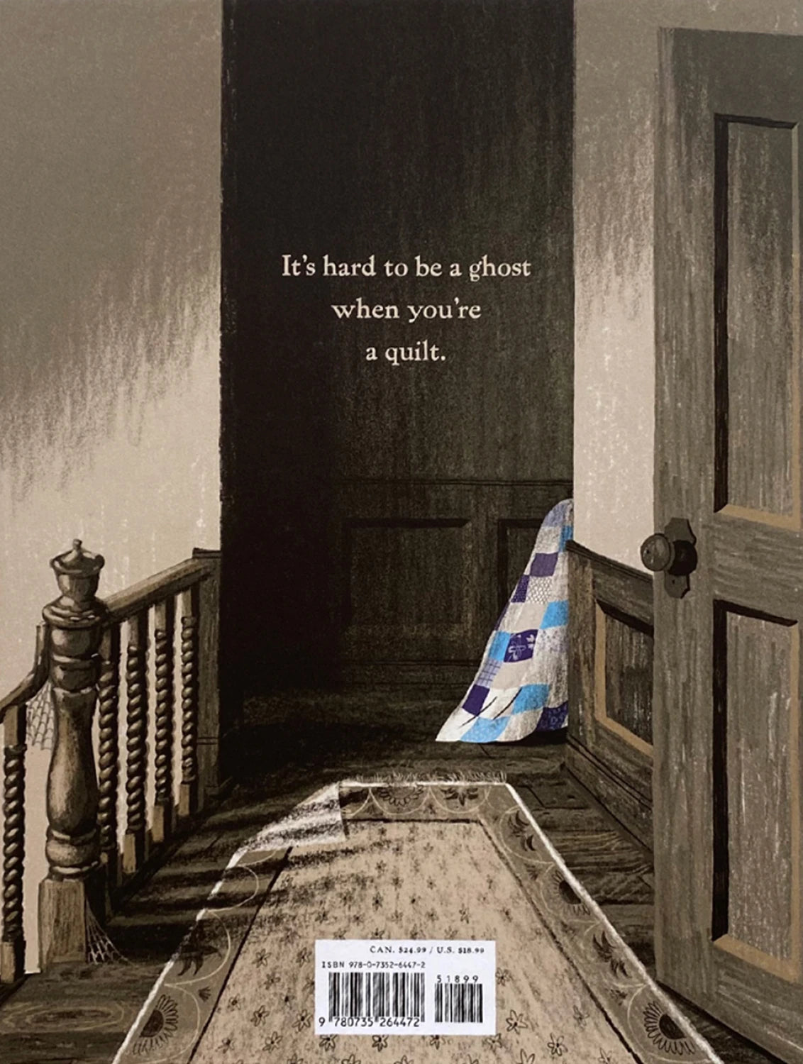 At the end of a dimly lit hall, a blue and white patchwork quilt stands by a wooden door. Text above: The Little Ghost Who Was A Quilt by Checker Distributor—a gentle ghost story ideal for any children’s book collection.