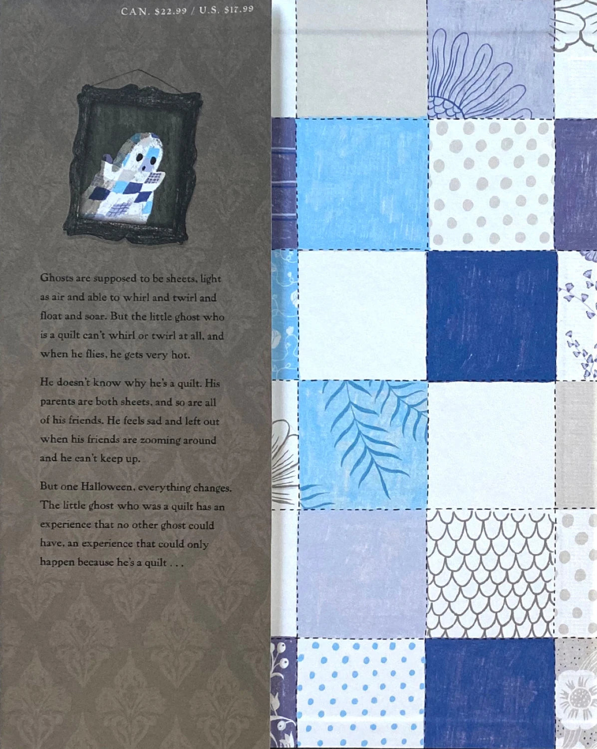 A page from "The Little Ghost Who Was A Quilt" by Checker Distributor features a blue, white, and gray patchwork quilt on the right and a ghost with a quilt patch and a Halloween story about feeling left out on the left.