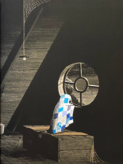 The Little Ghost Who Was A Quilt by Checker Distributor features a small ghost in a blue-and-white quilt sitting on a wooden chest in a dusty attic, gazing out the window—a charming Halloween or ghost story scene.