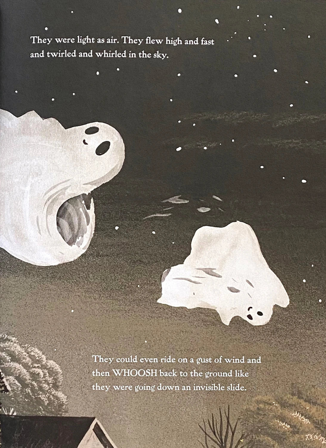 In "The Little Ghost Who Was A Quilt" by Checker Distributor, a friendly ghost floats joyfully above rooftops and trees on a starry Halloween night, twirling and riding the wind in this delightful children's book.