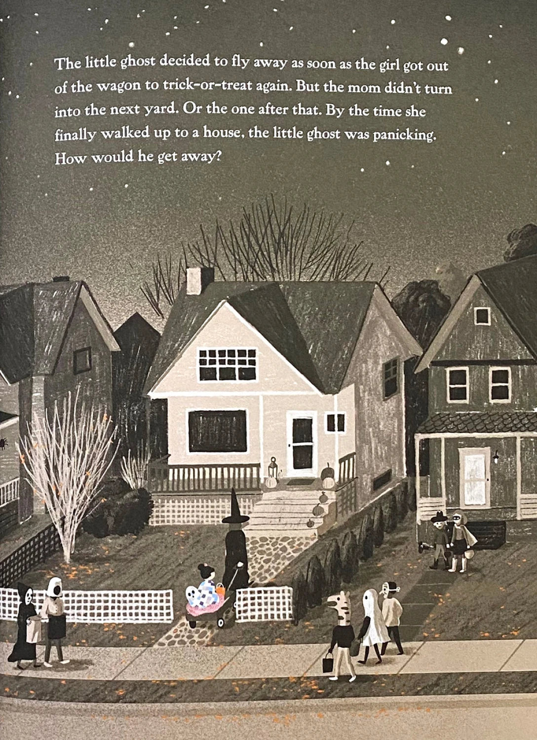 A nighttime suburban scene shows kids trick-or-treating, including a girl with a stroller and a small ghost. Adults and kids in costumes walk between houses as text shares the little ghost’s worries in "The Little Ghost Who Was A Quilt" by Checker Distributor.