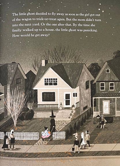 A nighttime suburban scene shows kids trick-or-treating, including a girl with a stroller and a small ghost. Adults and kids in costumes walk between houses as text shares the little ghost’s worries in "The Little Ghost Who Was A Quilt" by Checker Distributor.