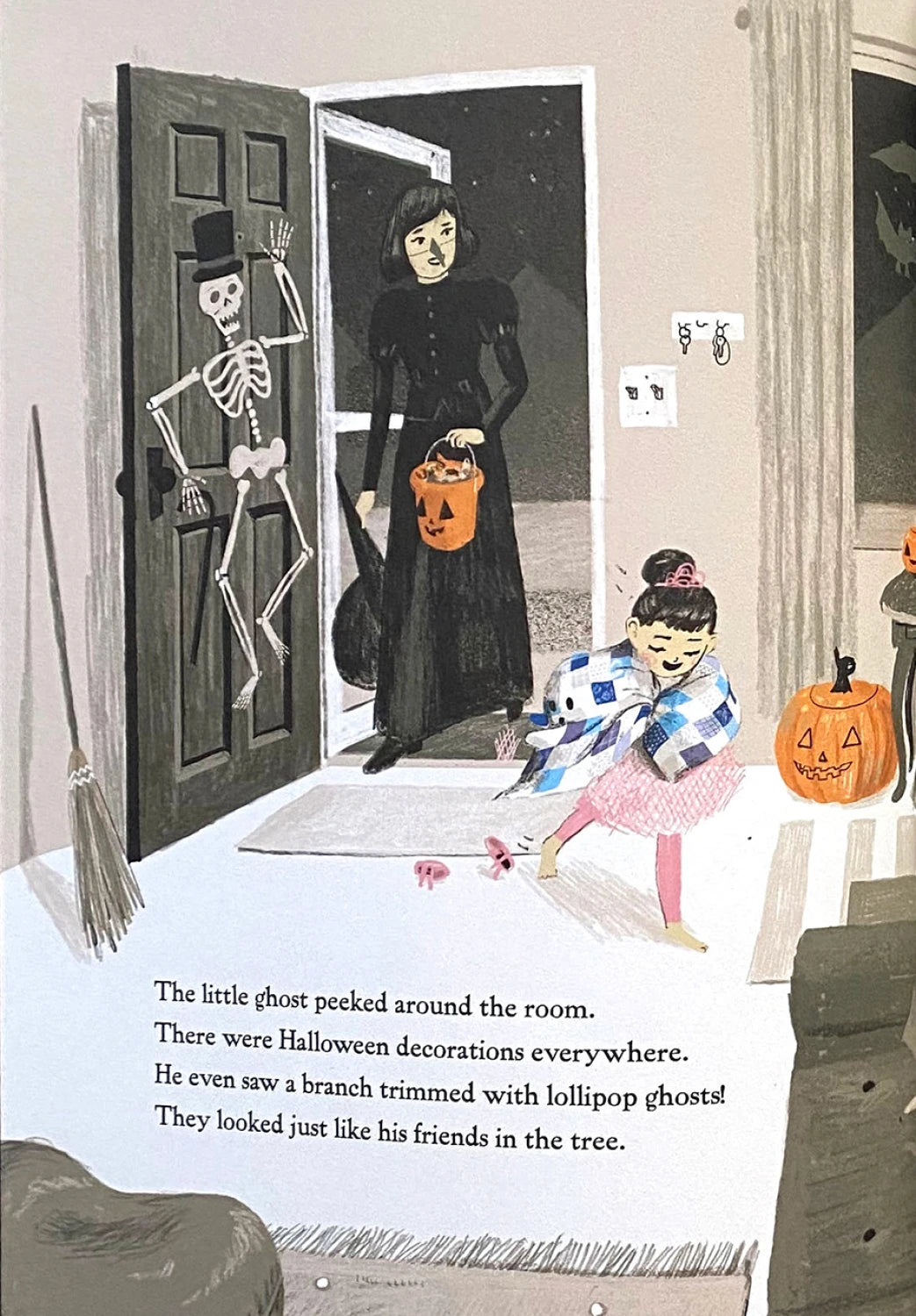 A woman in black and a girl in blue and white enter a Halloween-decorated house with a skeleton door and two jack-o’-lanterns—just like the scenes in "The Little Ghost Who Was A Quilt" from Checker Distributor.