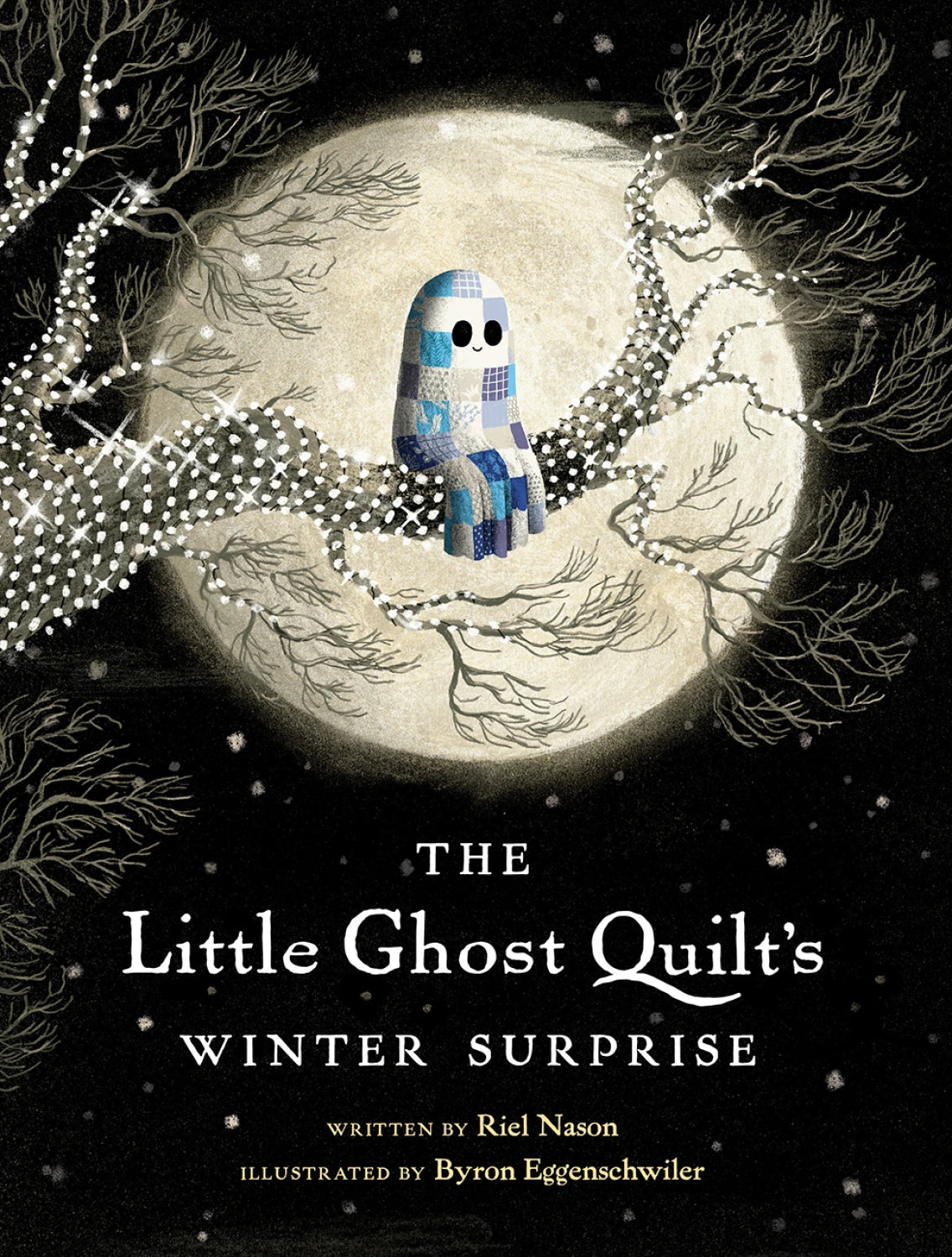 A blue and white patchwork ghost perches on a tree branch with twinkling lights beneath a full moon and starry sky in Checker Distributor's children's book, The Little Ghost Quilt’s Winter Surprise.
