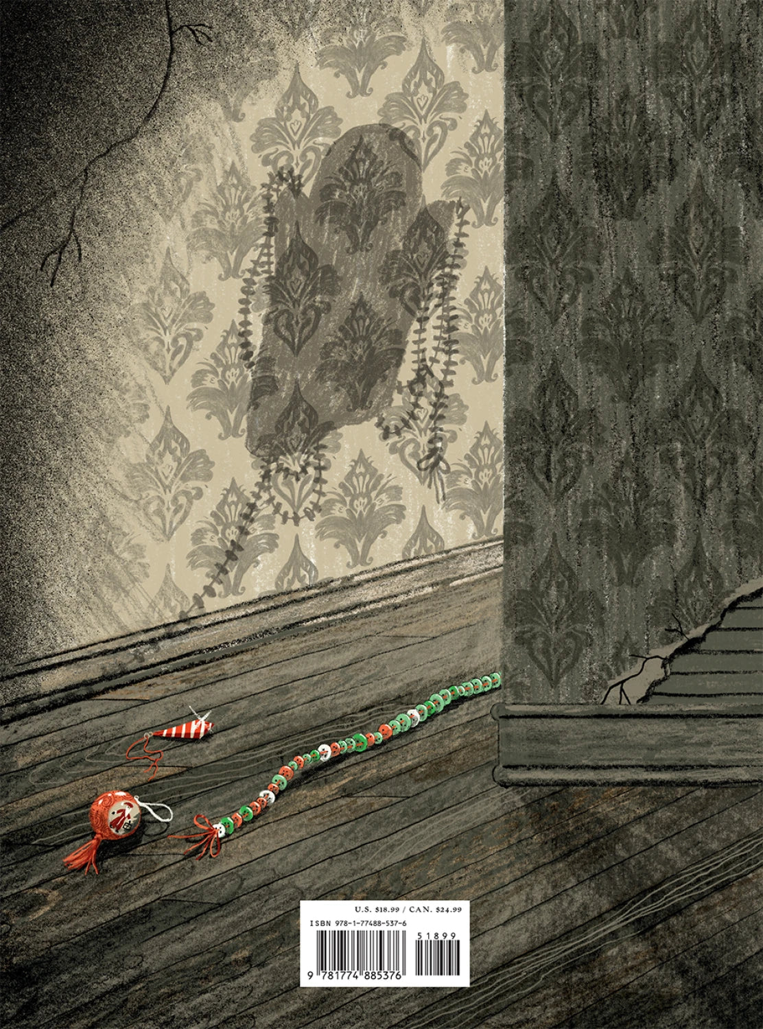 A menacing shadow appears on vintage wallpaper near a torn wall. On the wooden floor are a striped ball and toy snake, evoking an eerie mood perfect for "The Little Ghost Quilt's Winter Surprise" by Checker Distributor.