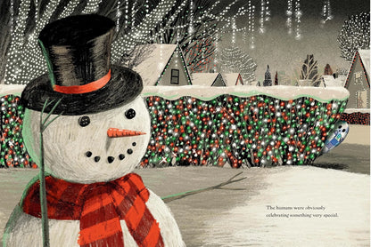 In "The Little Ghost Quilt's Winter Surprise" by Checker Distributor, a snowman with a top hat and red scarf stands among glowing, festive houses—creating a magical, sparkling winter scene perfect for children's books.