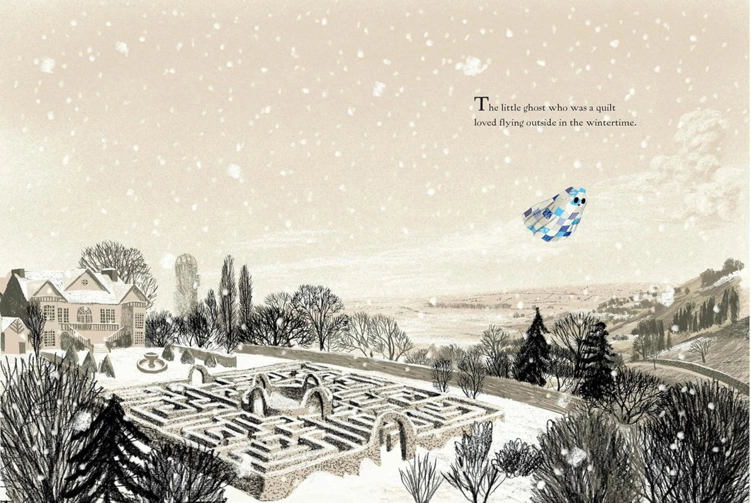 A snowy scene features a hedge maze, bare trees, and a house, as The Little Ghost Quilt soars above. Ideal for fans of winter children's books and magical ghost stories. The Little Ghost Quilt's Winter Surprise by Checker Distributor.