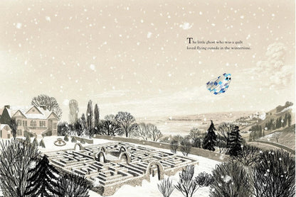 A snowy scene features a hedge maze, bare trees, and a house, as The Little Ghost Quilt soars above. Ideal for fans of winter children's books and magical ghost stories. The Little Ghost Quilt's Winter Surprise by Checker Distributor.