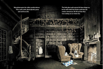 An illustration for "The Little Ghost Quilt's Winter Surprise" by Checker Distributor shows ghost children reading by the fire in a cozy library, with bookshelves, a spiral staircase, and another ghost in a blue blanket gazing at snowy skies. Text appears on the wall.