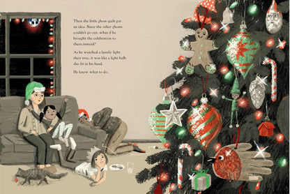 A cozy living room scene features a family decorating a Christmas tree, as three kids and the Little Ghost from "The Little Ghost Quilt's Winter Surprise" by Checker Distributor admire ornaments, candy canes, presents, and cookies on the floor.