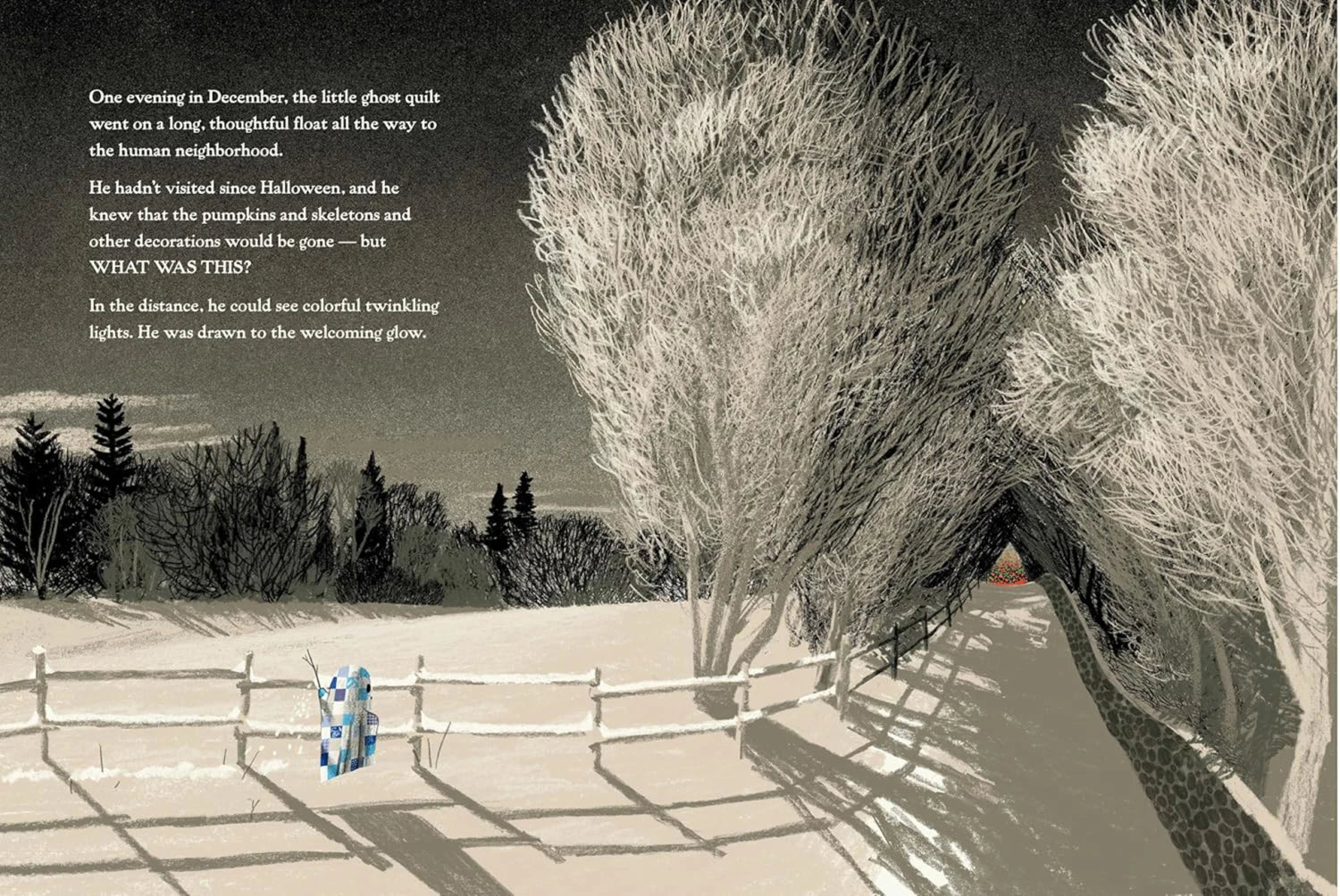 The Little Ghost Quilt’s Winter Surprise by Checker Distributor features a small ghost in a blue-striped quilt beside a snowy fence, with glowing lights from a distant house—an enchanting winter scene for children’s books.