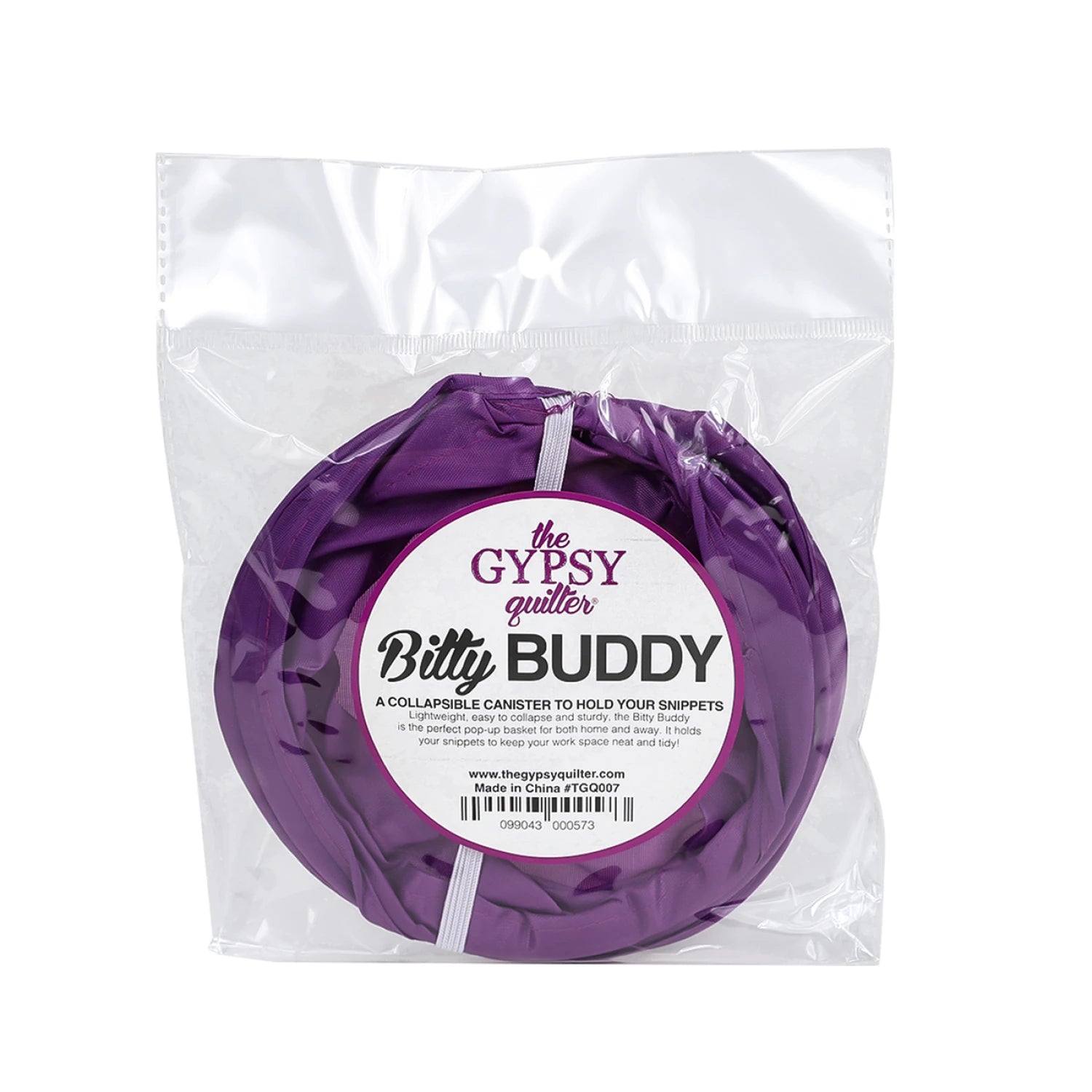 The Gypsy Quilter Bitty Buddy by Checker Distributor is a purple collapsible canister, packaged in a clear plastic bag with a label describing it as a handy scrap bag and fabric collector for sewing and quilting.