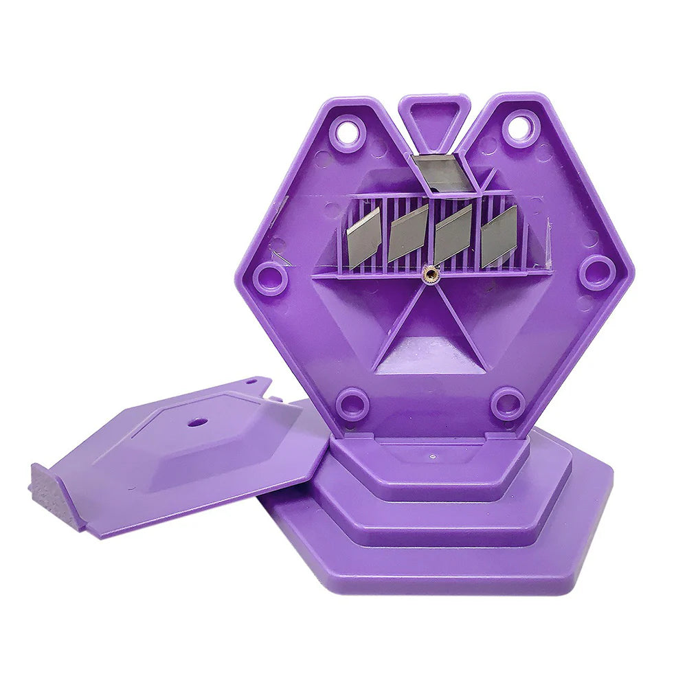 The Tacony Corporation Chain Piece Thread Cutting Gizmo is a purple plastic hexagonal fabric cutting tool with a hinged lid, angled metal blades inside, and a detached base—perfect for neat and precise quilting thread cuts.