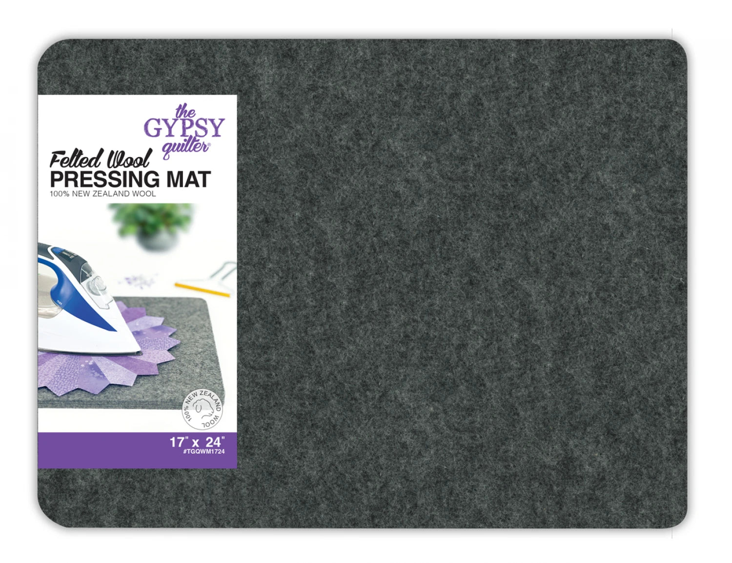 The Checker Distributor Wool Pressing Mat, 17in x 24in x 1/2in thick, is a gray rectangular wool mat perfect for quilting and pressing projects—a reliable go-to for your sewing needs.
