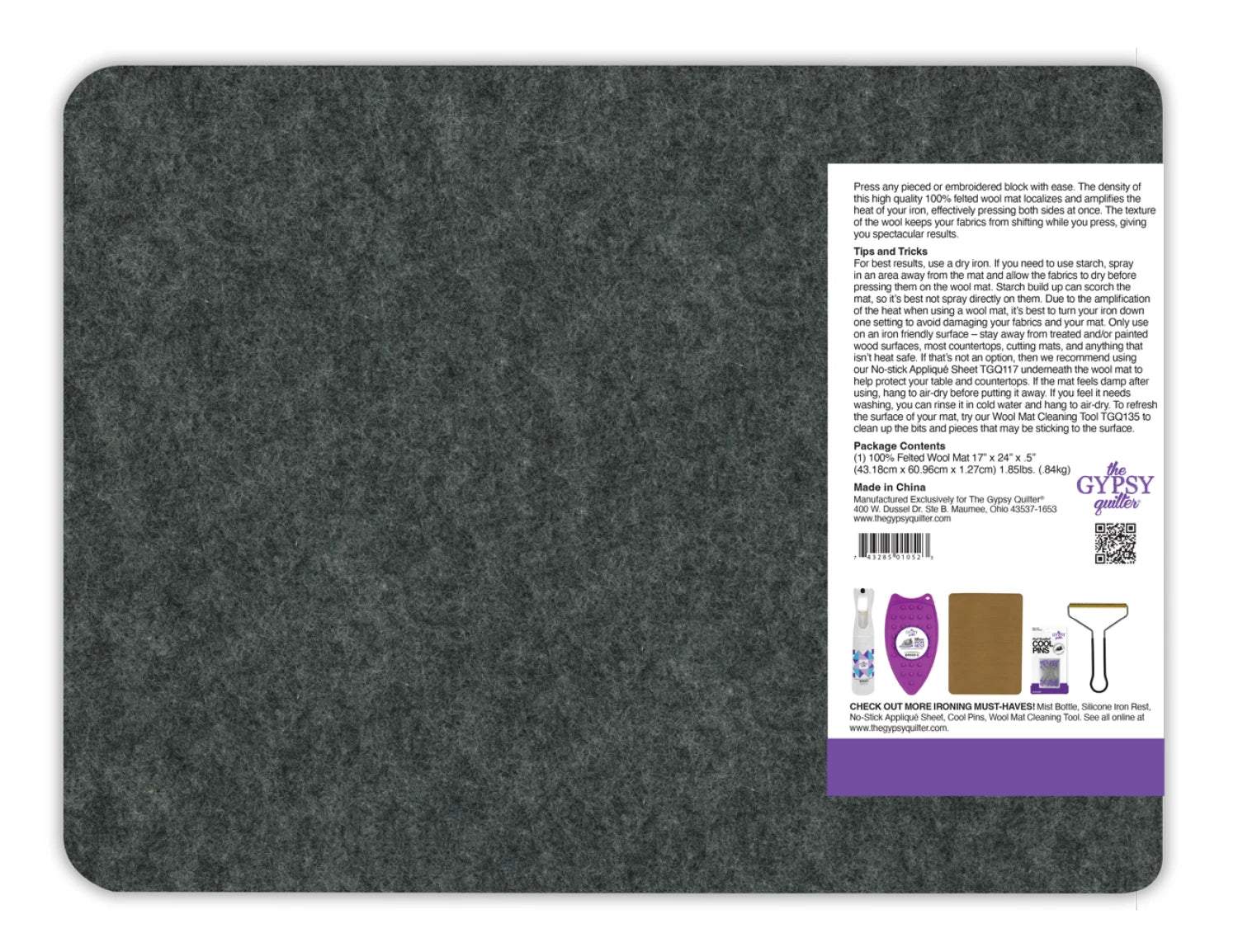 The Checker Distributor Wool Pressing Mat 17in x 24in x 1/2in thick is a rectangular gray wool mat with rounded corners and a right-side label, ideal for quilting and pressing crisp seams.
