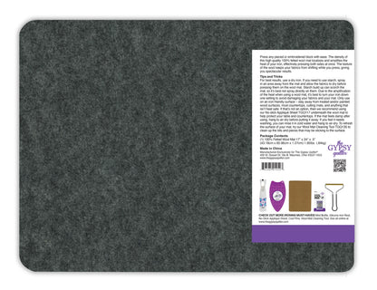The Checker Distributor Wool Pressing Mat 17in x 24in x 1/2in thick is a rectangular gray wool mat with rounded corners and a right-side label, ideal for quilting and pressing crisp seams.