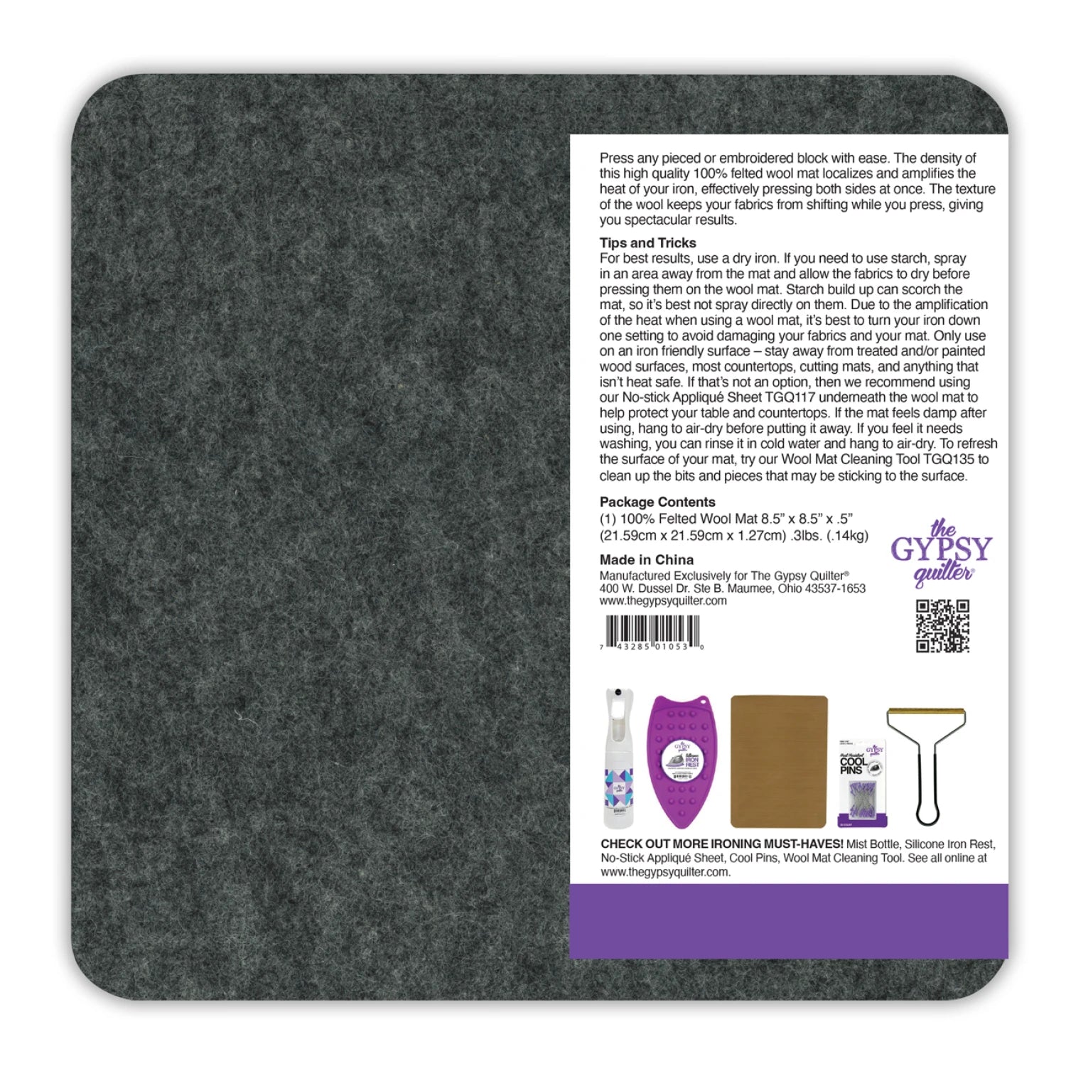 The Checker Distributor Wool Pressing Mat 8-1/2in x 8-1/2in x 1/2in thick is a gray, square quilting pad with info, usage tips, care instructions, contents, and branding on a white label in the bottom right corner.