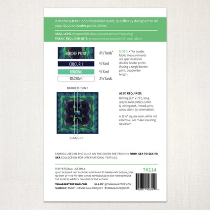 A close-up of the Northern Medallion Quilt Pattern label by Checker Distributor highlights its intricate design and fine details.