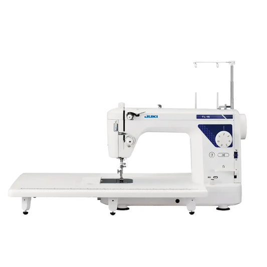 The JUKI TL-15 Sewing and Quilting Machine is a white model with an extended flat work table, convenient control buttons, spool holder, and thread guide on top—ideal for quilting enthusiasts.