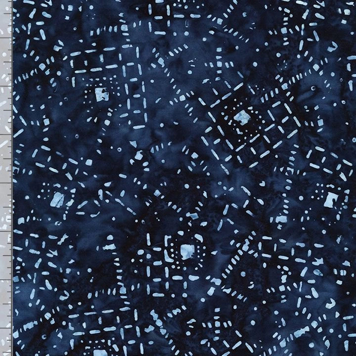 Tonga Sky Geo Lines & Dots Batik Fabric Yardage: dark blue cotton fabric with light blue geometric and dotted abstract patterns. A vertical ruler appears along the left edge of the image.