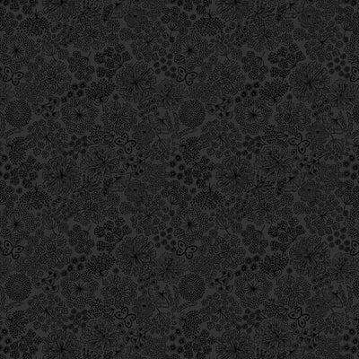 Tiny Tonals Black on Black Butterfly Floral Fabric Yardage
