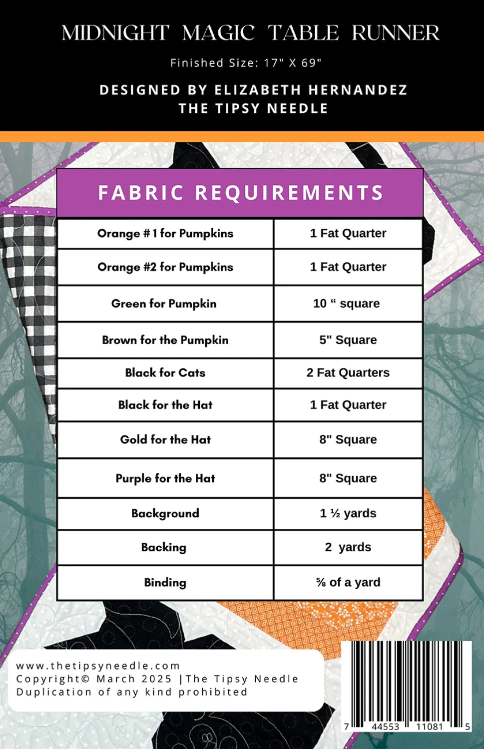 A chart titled Fabric Requirements for the Midnight Magic Table Runner Quilt Pattern lists fabric types, required amounts, and sizes, with a barcode and copyright info at the bottom.