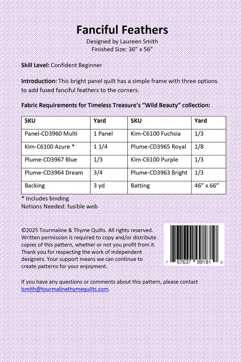 The Fanciful Feathers Quilt Pattern by Checker Distributor features a panel quilt design, skill level, project details, fabric requirements, finished size, contact info, copyright notice, and a barcode on the instruction sheet.