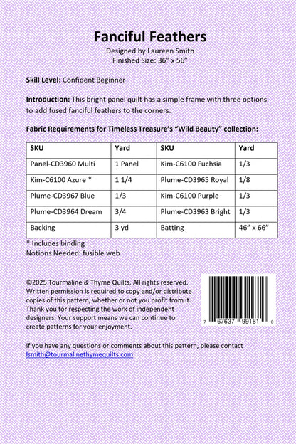 The Fanciful Feathers Quilt Pattern by Checker Distributor features a panel quilt design, skill level, project details, fabric requirements, finished size, contact info, copyright notice, and a barcode on the instruction sheet.