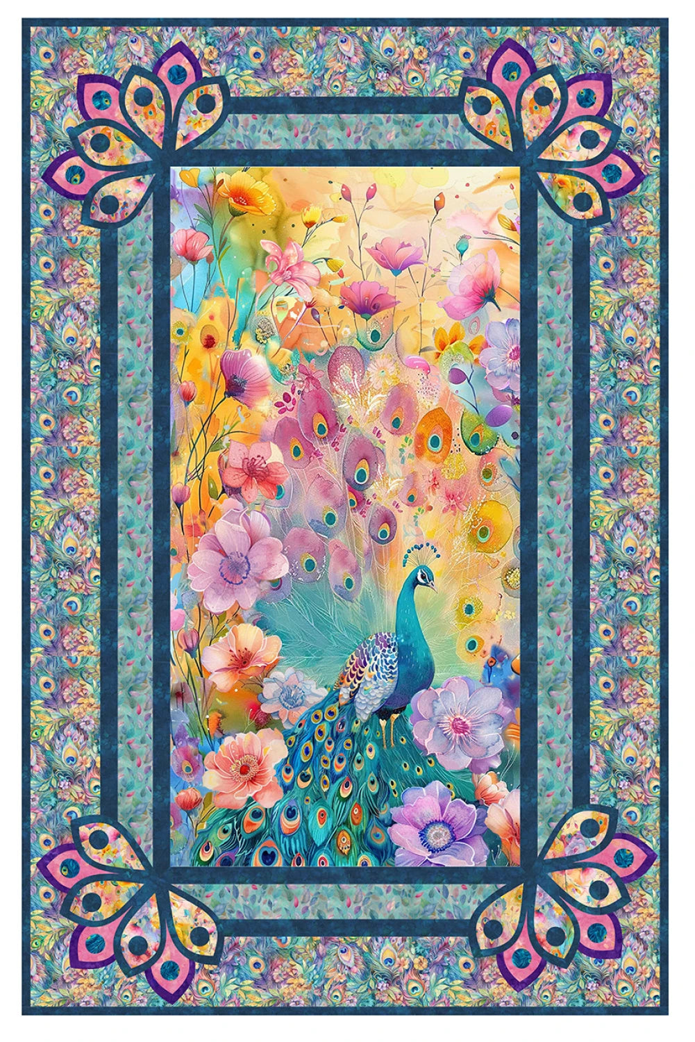 The Fanciful Feathers Quilt Pattern by Checker Distributor features a vibrant peacock with blooming flowers and feathers, framed by a blue, teal, and purple floral border—ideal for creating an eye-catching quilt or panel.