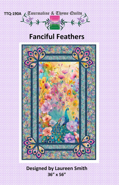 The Fanciful Feathers Quilt Pattern by Checker Distributor features a colorful panel quilt with a peacock amid vibrant flowers, decorative borders, and floral motifs. Designed by Laureen Smith, finished size is 36" x 56".
