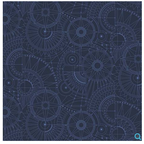 Blueprint Blue 108" Wide 3 Yard Quilt Fabric Back Pack features a dark blue background with intricate geometric and technical drawings in lighter blue—ideal for striking abstract quilt designs.