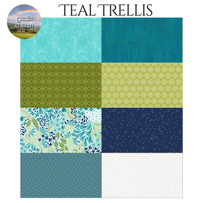Teal Trellis fabric swatches showing teal and green colorways for Mystery Five-0 quilt kit