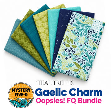 Mystery Five-0 Teal Trellis Oopsies fat quarter bundle with teal green assorted fabrics