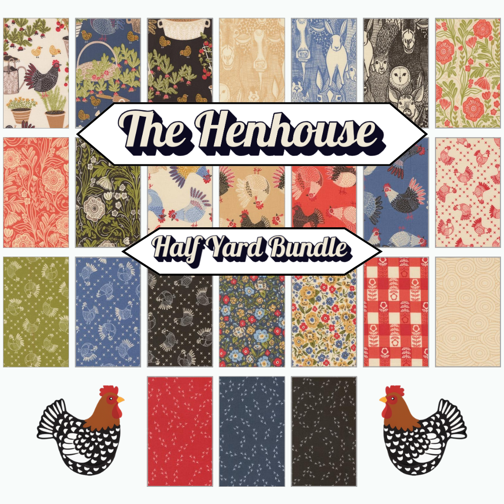 A collage of colorful fabric squares—floral, animal, chicken prints, and geometric designs—from United Notions’ The Henhouse Half Yard Bundle. Two illustrated hens sit in the bottom corners; product name appears at center.