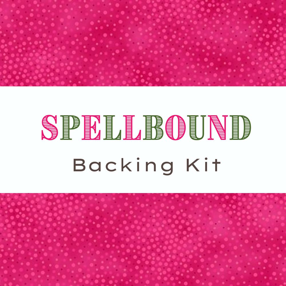 Text on a pink dotted background from the Spotsy Collection reads SPELLBOUND in colorful letters and Wicked Spellbound Backing Kit, referencing the Wicked Spellbound Backing Kit Spotsy Pink, in simple brown and white font.