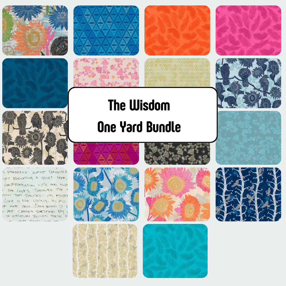 A collage of sixteen vibrant fabric swatches with floral, geometric, and abstract patterns surrounds a white box labeled "The Wisdom One Yard Bundle - PRESALE" by Jaftex - FreeSpirit, highlighting this colorful presale fabric bundle.
