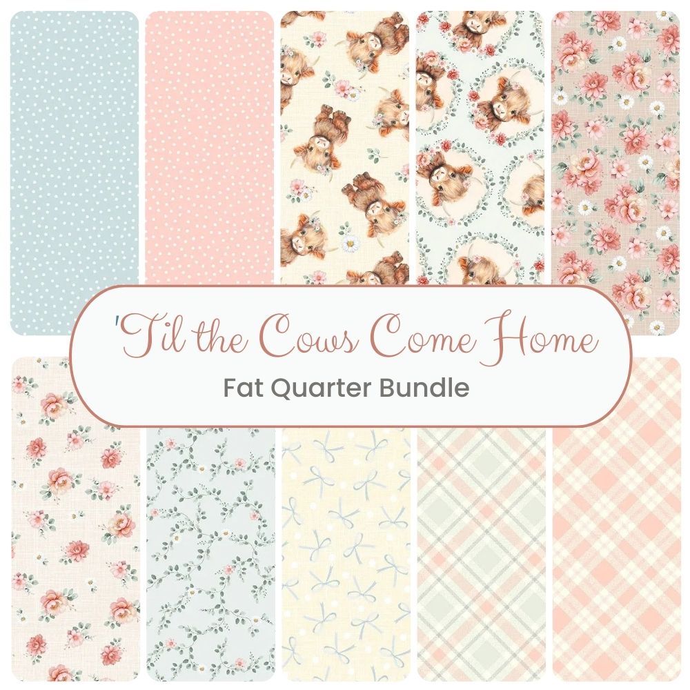 The Til the Cows Come Home Fat Quarter Bundle by Timeless Treasures includes ten pastel fabrics with cows, florals, bows, and plaid—perfect for bringing a whimsical touch to your sewing or quilting projects.