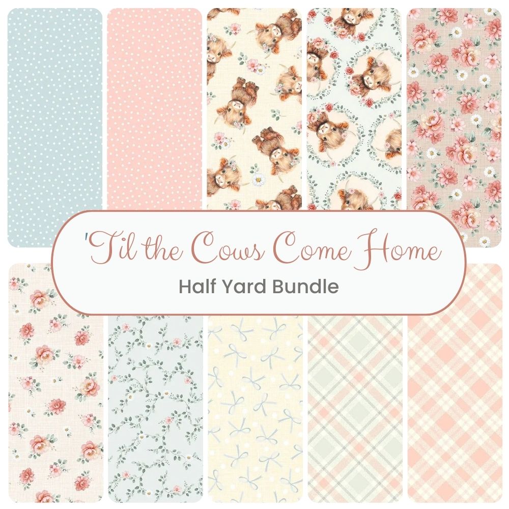 The Til the Cows Come Home Half Yard Bundle by Timeless Treasures features ten pastel fabric patterns—polka dots, florals, plaid, bows, and cartoon cows—perfect cuts for your next project.