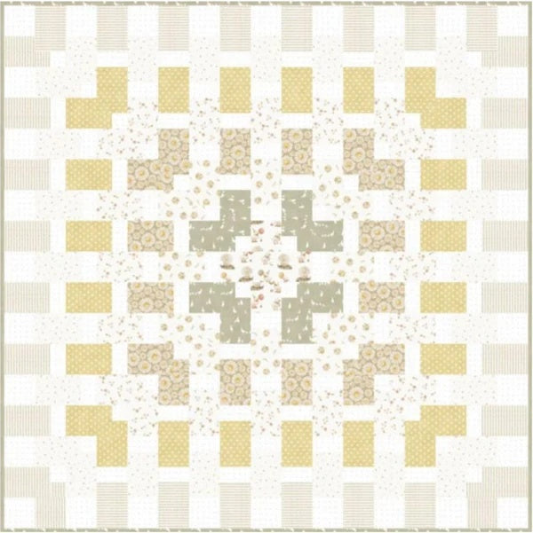 The Geo Weaver Quilt Kit by Quilted Joy features a symmetrical, geometric design in soft beige, yellow, green, and cream with squares, stripes, and floral prints—perfect for making your own eye-catching quilt project.