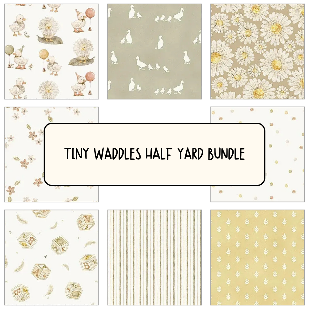 A collage of eight Northcott - Figo cotton fabrics—ducks, florals, stripes, and geometrics—in soft yellow, beige, and white. Perfect for quilting projects like a baby quilt. Center text reads Tiny Waddles Half Yard Bundle.