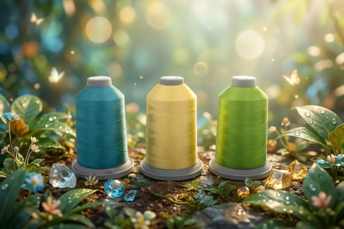 Three spools—blue, yellow, and green—from the Topaz Tropics Glide Thread of the Month Bundle by Hab+Dash by Fil Tec sit on a leafy forest floor with flowers and gems, sunlight streaming through for a dreamy quilting scene.
