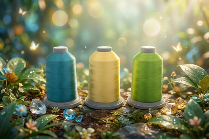 Three spools—blue, yellow, and green—from the Topaz Tropics Glide Thread of the Month Bundle by Hab+Dash by Fil Tec sit on a leafy forest floor with flowers and gems, sunlight streaming through for a dreamy quilting scene.